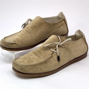 HENRY CUIR Beige Suede Flat Shoes Mocs Size 37 / 6.5 Slip On Beaded Lace